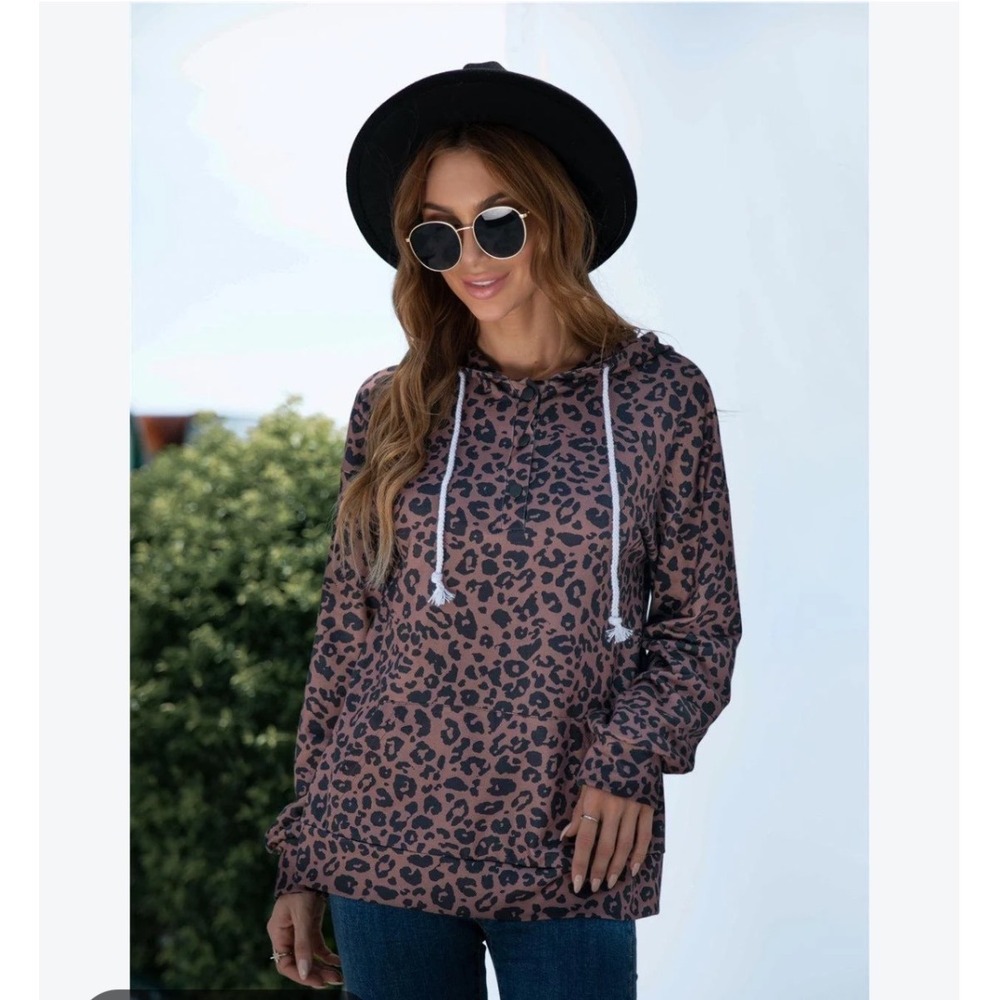 CY Fashion Leopard cheetah Print Hoodie top shirt Pullover Brown Black Large